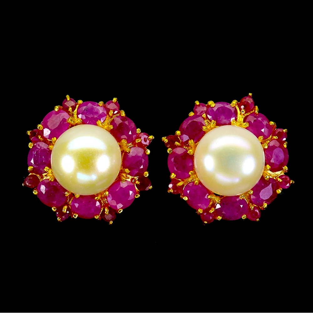 Elegant Genuine Pearl and Ruby Earrings